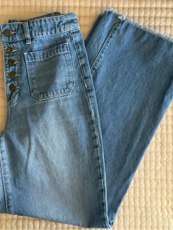 Marine Layer Chambray Wide Leg Jeans Size 8 Patch Pocket High Rise Lightweight - Picture 10 of 10